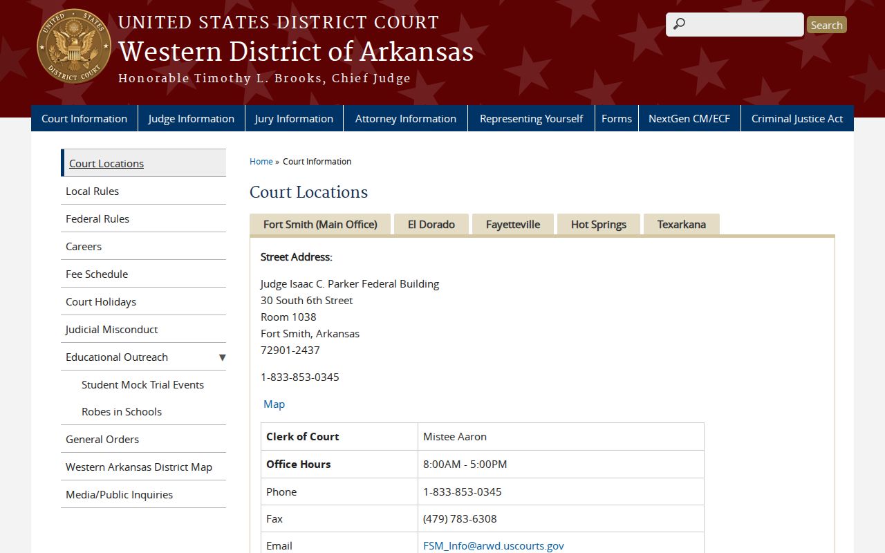 Oden federal court docket location information for Western Arkansas